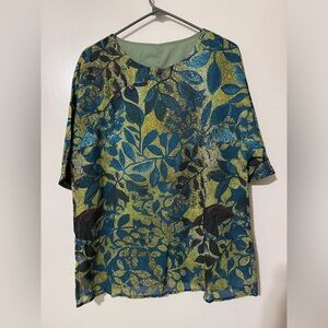 Marketplace of India Floral Patterned Green and Blue Women's Top Medium